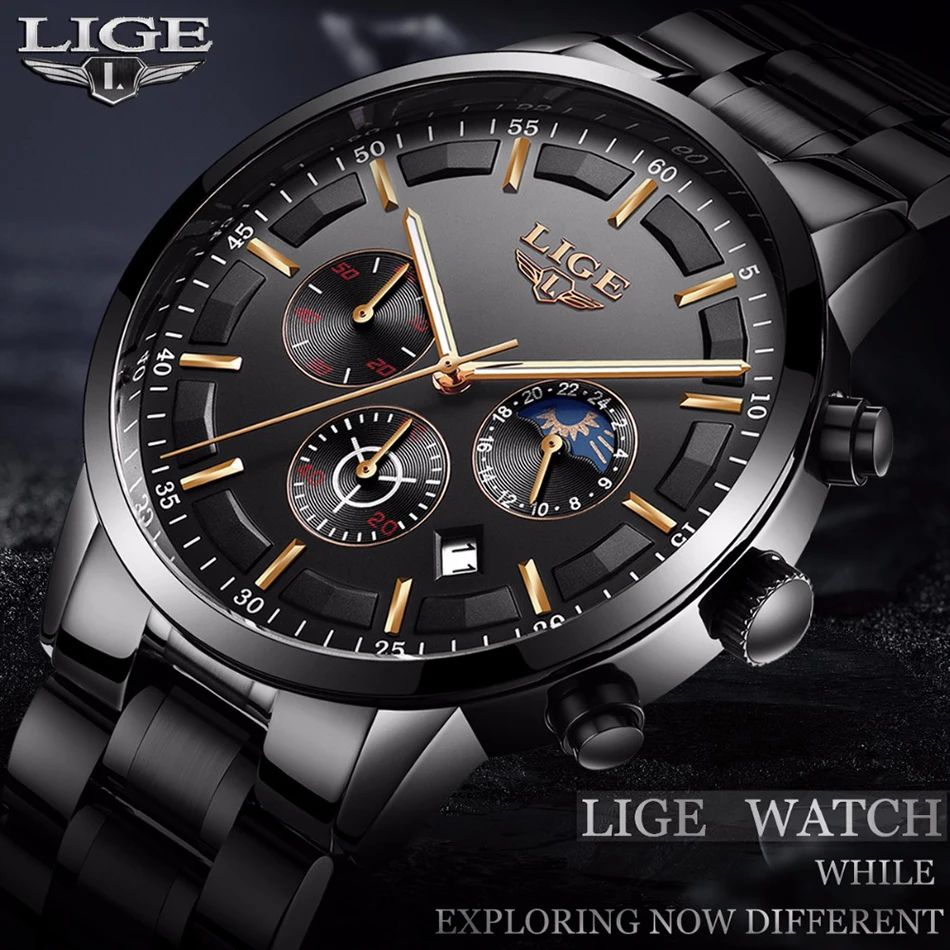 AUTHENTHIC 2025 LIGE Luxury Men's Chronograph Quartz Watch – Stainless Steel Band Reliable High-Quality Waterproof Auto Date Complete Calendar Luminous Display Business Diving Everyday Wear