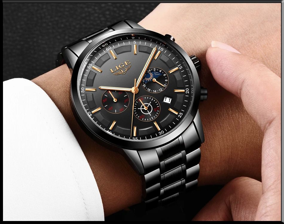 AUTHENTHIC 2025 LIGE Luxury Men's Chronograph Quartz Watch – Stainless Steel Band Reliable High-Quality Waterproof Auto Date Complete Calendar Luminous Display Business Diving Everyday Wear