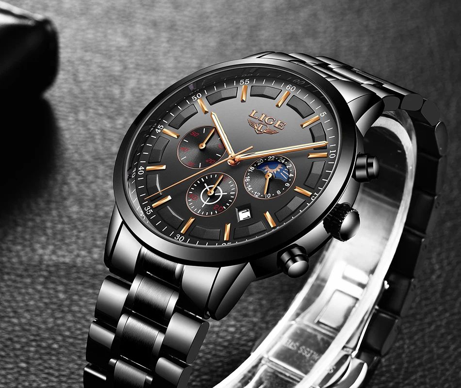 AUTHENTHIC 2025 LIGE Luxury Men's Chronograph Quartz Watch – Stainless Steel Band Reliable High-Quality Waterproof Auto Date Complete Calendar Luminous Display Business Diving Everyday Wear