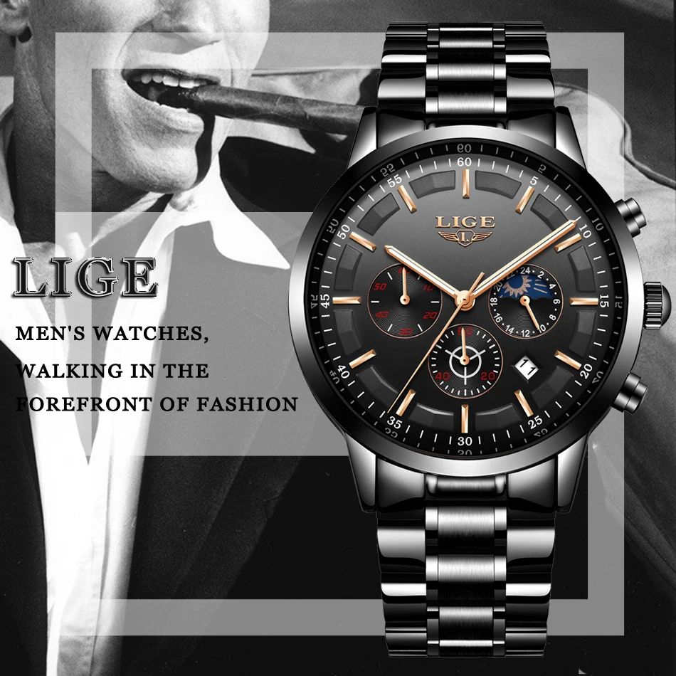 AUTHENTHIC 2025 LIGE Luxury Men's Chronograph Quartz Watch – Stainless Steel Band Reliable High-Quality Waterproof Auto Date Complete Calendar Luminous Display Business Diving Everyday Wear