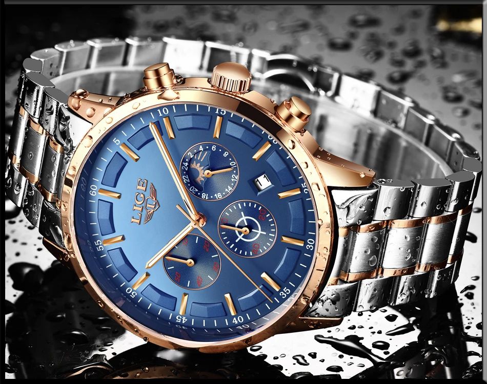 AUTHENTHIC 2025 LIGE Luxury Men's Chronograph Quartz Watch – Stainless Steel Band Reliable High-Quality Waterproof Auto Date Complete Calendar Luminous Display Business Diving Everyday Wear