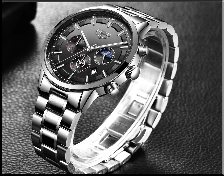 AUTHENTHIC 2025 LIGE Luxury Men's Chronograph Quartz Watch – Stainless Steel Band Reliable High-Quality Waterproof Auto Date Complete Calendar Luminous Display Business Diving Everyday Wear