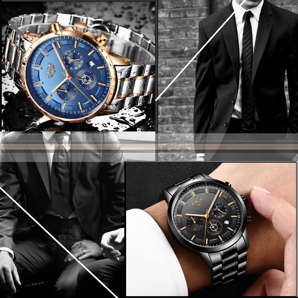 AUTHENTHIC 2025 LIGE Luxury Men's Chronograph Quartz Watch – Stainless Steel Band Reliable High-Quality Waterproof Auto Date Complete Calendar Luminous Display Business Diving Everyday Wear