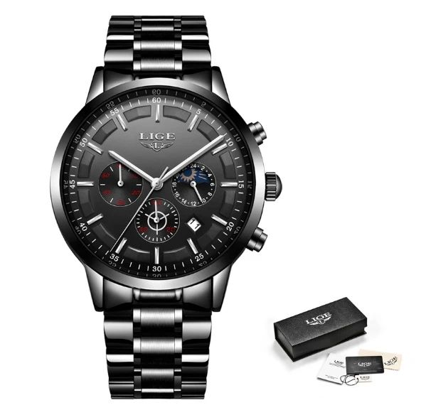 AUTHENTHIC 2025 LIGE Luxury Men's Chronograph Quartz Watch – Stainless Steel Band Reliable High-Quality Waterproof Auto Date Complete Calendar Luminous Display Business Diving Everyday Wear