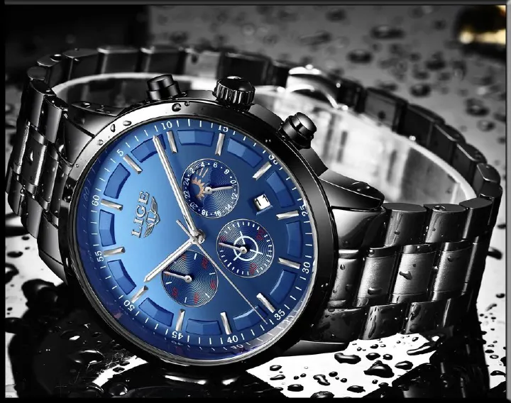 AUTHENTHIC 2025 LIGE Luxury Men's Chronograph Quartz Watch – Stainless Steel Band Reliable High-Quality Waterproof Auto Date Complete Calendar Luminous Display Business Diving Everyday Wear