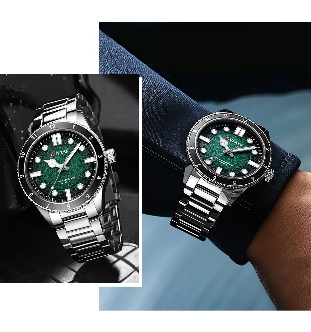 CURREN 8450 Precision Japanese Movement Quartz Watch – Business and Sports Design with Blue Green Dial Analog Display Durable Stainless Steel Strap Top-Brand Chronograph Timepiece Stylish