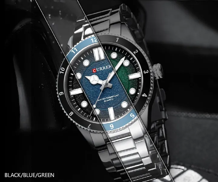 CURREN 8450 Precision Japanese Movement Quartz Watch – Business and Sports Design with Blue Green Dial Analog Display Durable Stainless Steel Strap Top-Brand Chronograph Timepiece Stylish