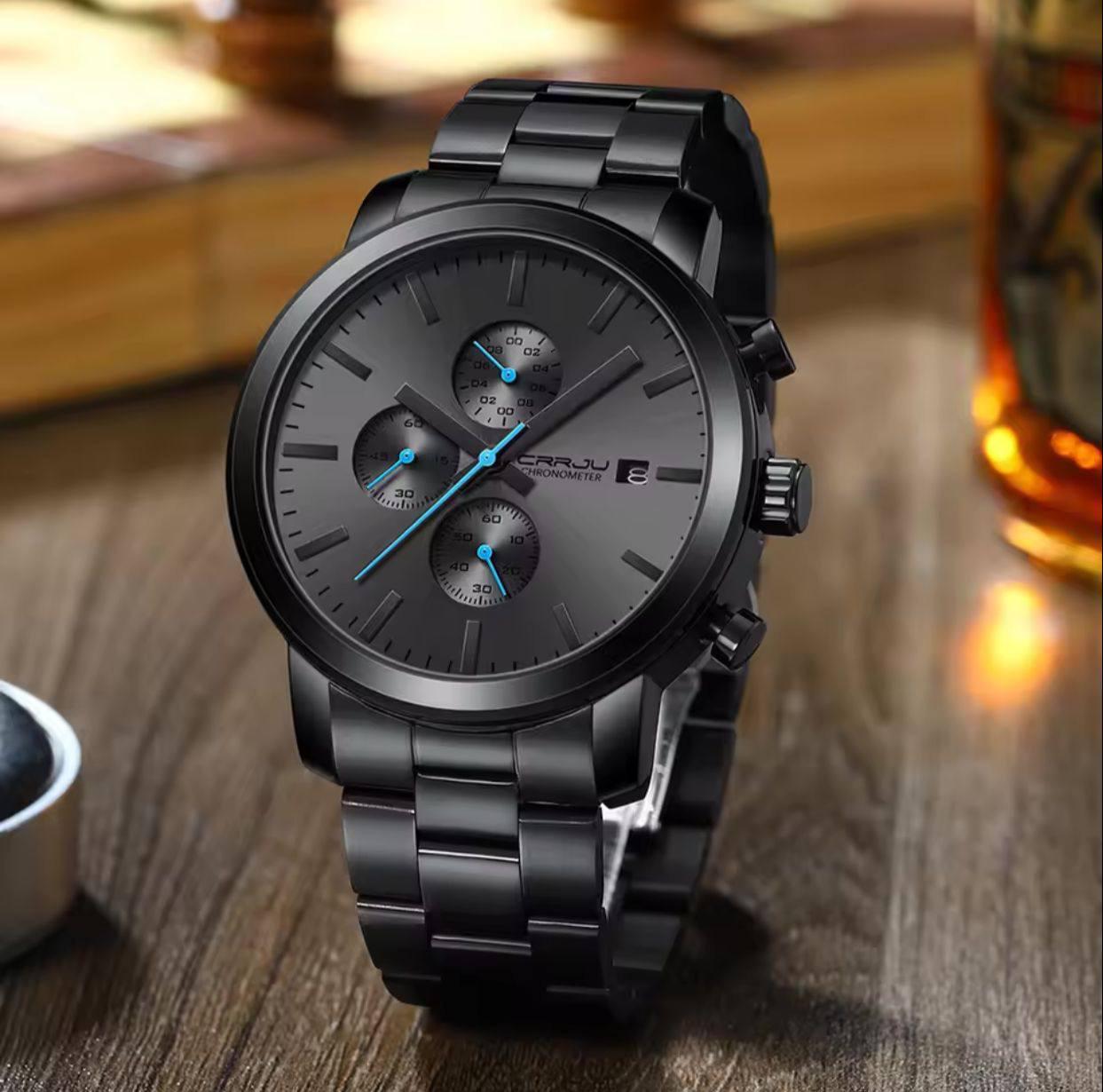 NEW Fashion CRRJU  2025 Men’s Luxury Brand Military Sport Quartz Watch Design Black Mesh Stainless Steel Strap Alloy Case Waterproof Chronograph Luminous Date Display Stylish Durable
