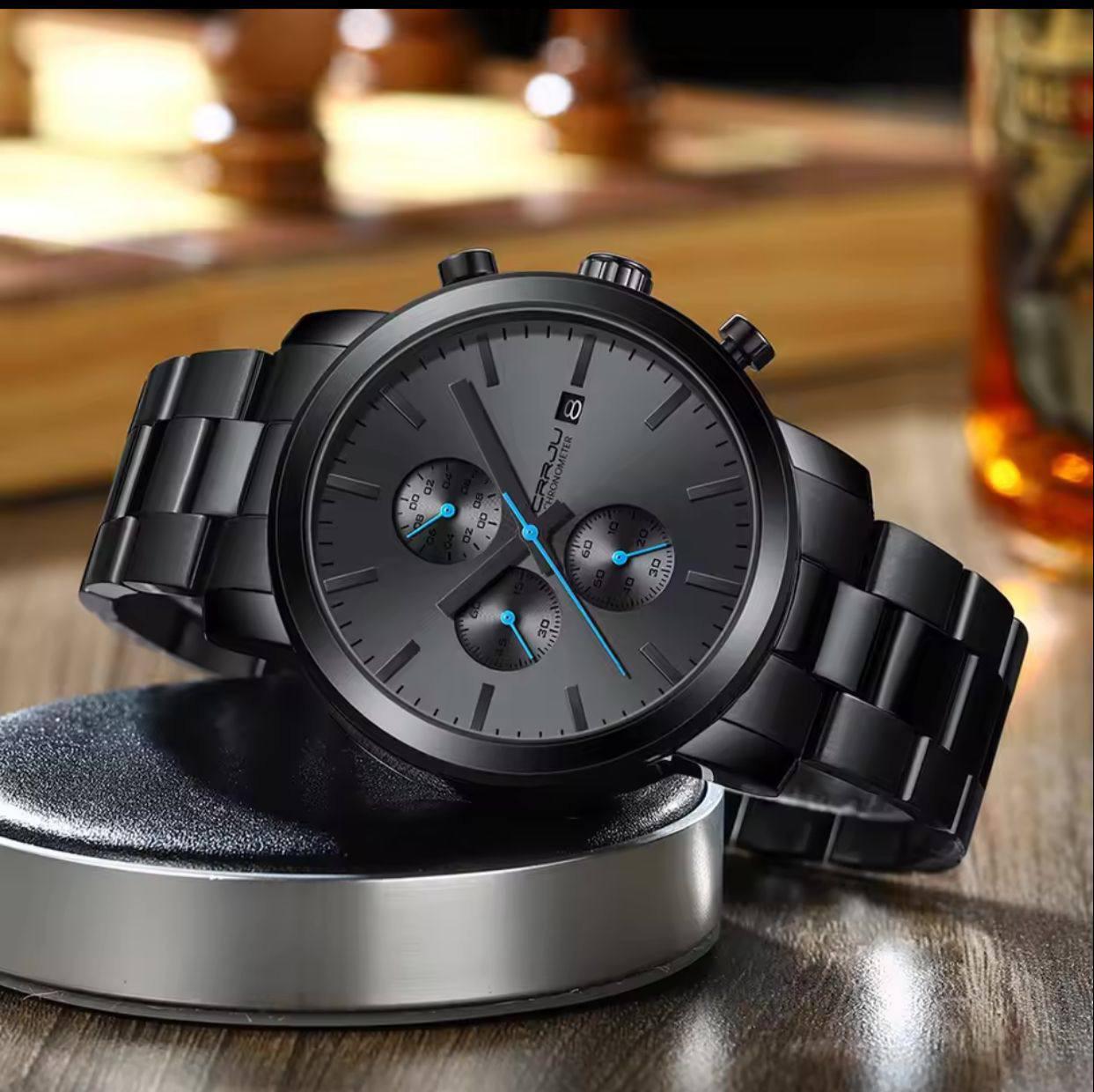 NEW Fashion CRRJU  2025 Men’s Luxury Brand Military Sport Quartz Watch Design Black Mesh Stainless Steel Strap Alloy Case Waterproof Chronograph Luminous Date Display Stylish Durable
