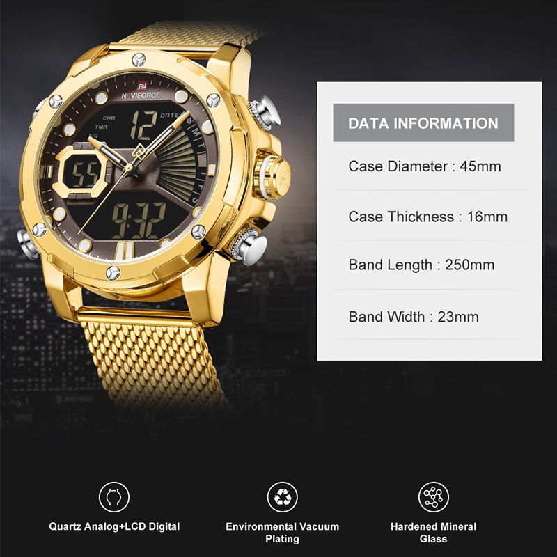 ORIGINAL 2025 NAVIFORCE Military Sports Luxury Watch – Dual Quartz Digital Stainless Steel or Mesh Steel Band Stylish Gold Finish Top-Brand Timepiece Casual Sport Army-Inspired Fashion