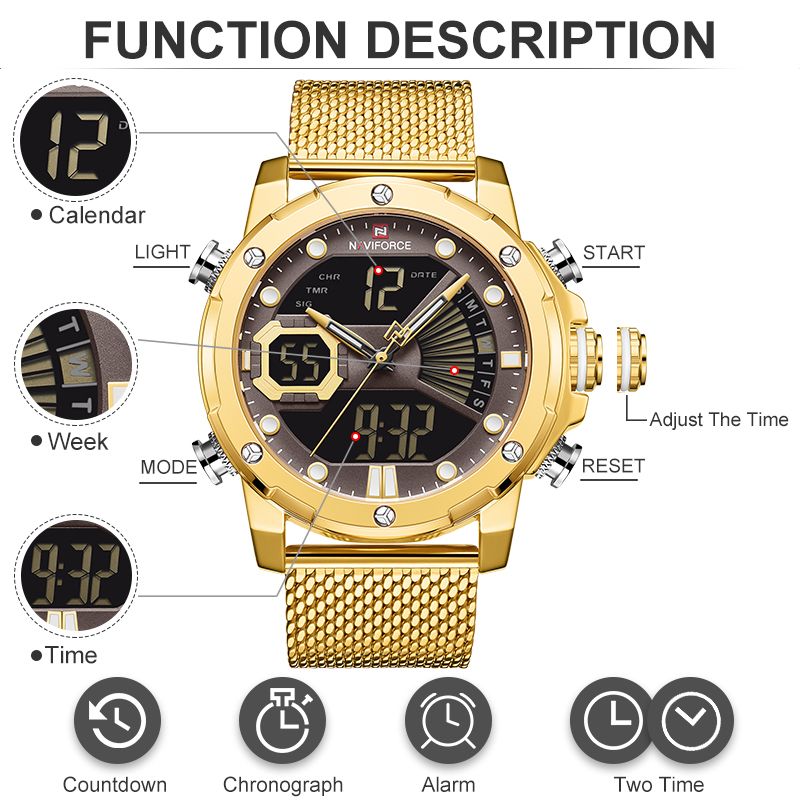 ORIGINAL 2025 NAVIFORCE Military Sports Luxury Watch – Dual Quartz Digital Stainless Steel or Mesh Steel Band Stylish Gold Finish Top-Brand Timepiece Casual Sport Army-Inspired Fashion