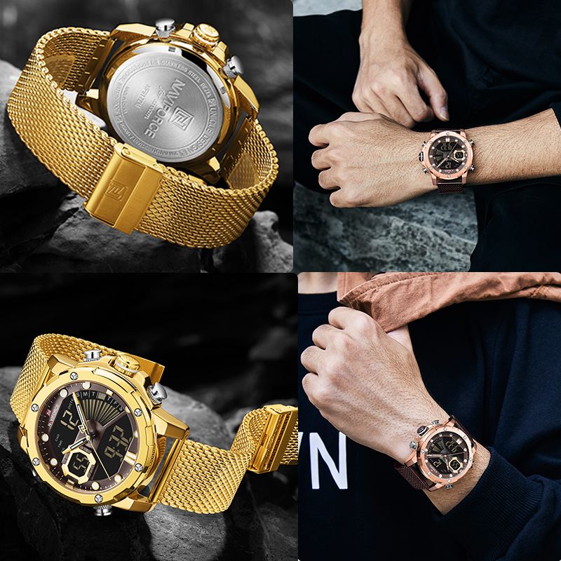 ORIGINAL 2025 NAVIFORCE Military Sports Luxury Watch – Dual Quartz Digital Stainless Steel or Mesh Steel Band Stylish Gold Finish Top-Brand Timepiece Casual Sport Army-Inspired Fashion