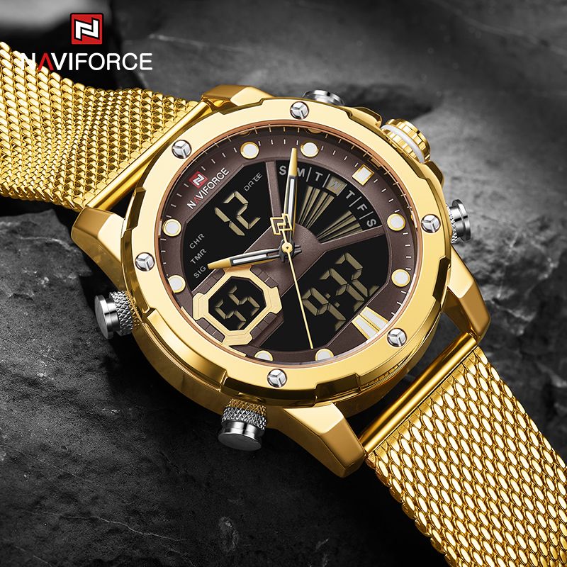 ORIGINAL 2025 NAVIFORCE Military Sports Luxury Watch – Dual Quartz Digital Stainless Steel or Mesh Steel Band Stylish Gold Finish Top-Brand Timepiece Casual Sport Army-Inspired Fashion
