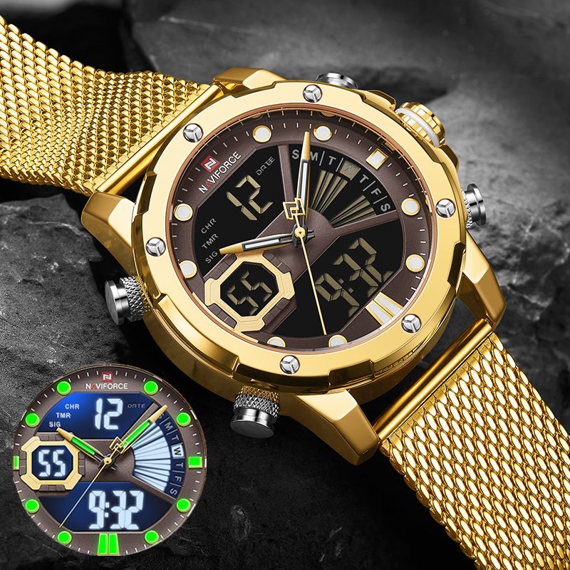 ORIGINAL 2025 NAVIFORCE Military Sports Luxury Watch – Dual Quartz Digital Stainless Steel or Mesh Steel Band Stylish Gold Finish Top-Brand Timepiece Casual Sport Army-Inspired Fashion