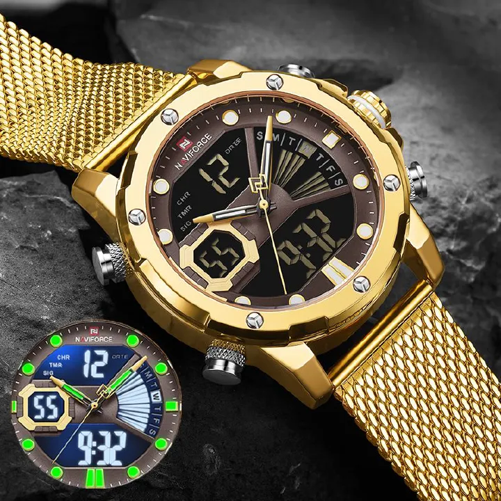 ORIGINAL 2025 NAVIFORCE Military Sports Luxury Watch – Dual Quartz Digital Stainless Steel or Mesh Steel Band Stylish Gold Finish Top-Brand Timepiece Casual Sport Army-Inspired Fashion