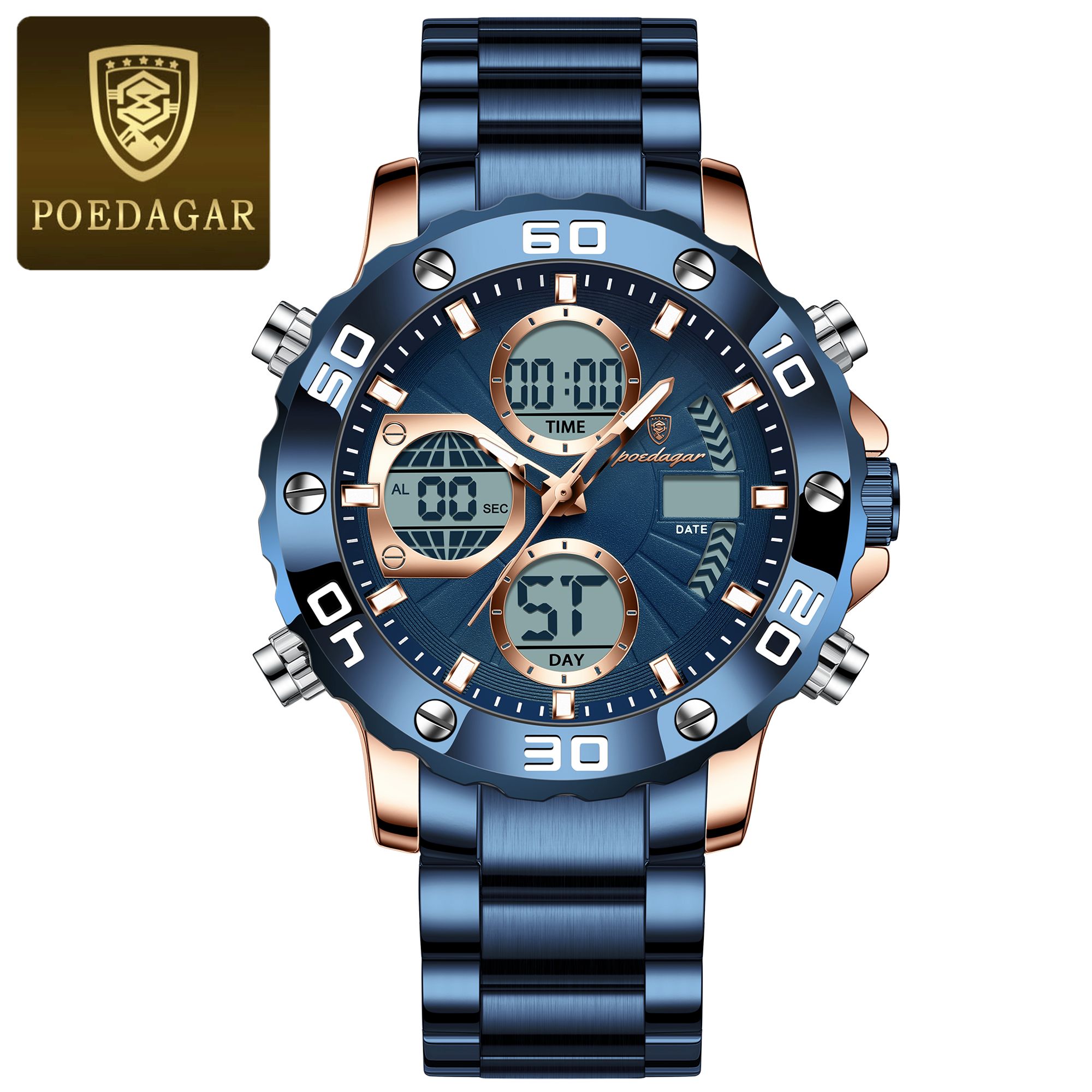 DIVER POEDAGAR 2025 Men's Military-Style LED Alarm Dual Time Display Analog-Digital Quartz Movement - Waterproof Design Luminous Hands Backlight Chronograph Calendar Week Display Repeater Function
