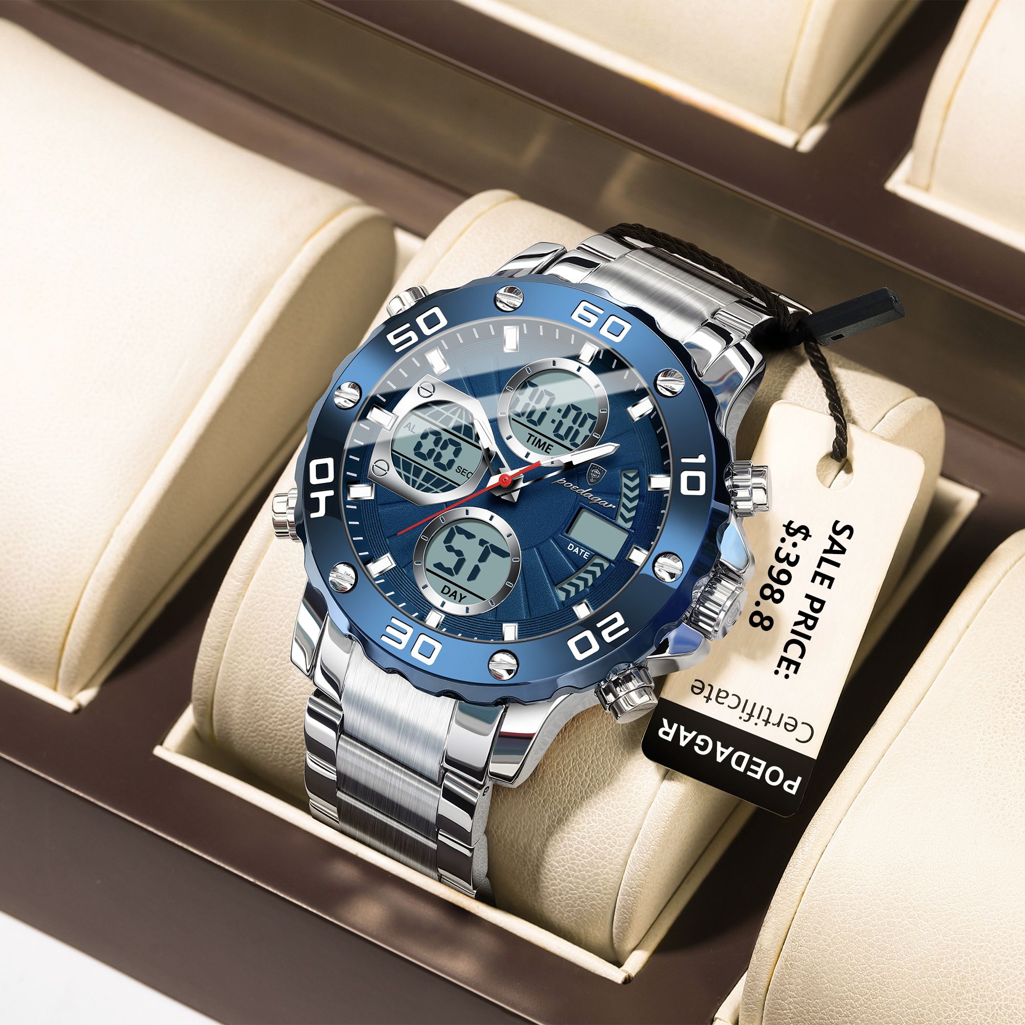 DIVER POEDAGAR 2025 Men's Military-Style LED Alarm Dual Time Display Analog-Digital Quartz Movement - Waterproof Design Luminous Hands Backlight Chronograph Calendar Week Display Repeater Function