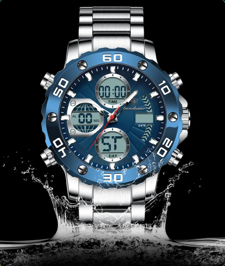 DIVER POEDAGAR 2025 Men's Military-Style LED Alarm Dual Time Display Analog-Digital Quartz Movement - Waterproof Design Luminous Hands Backlight Chronograph Calendar Week Display Repeater Function