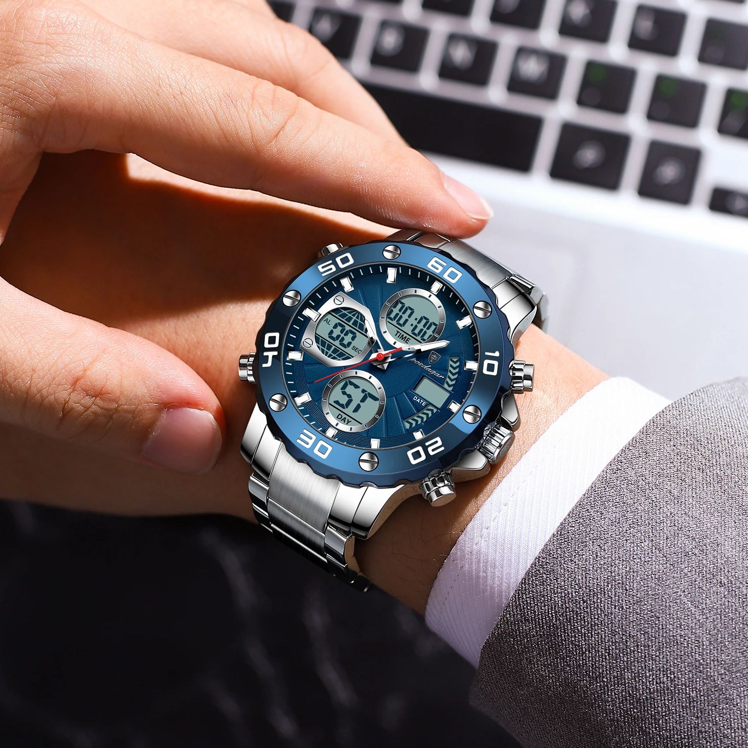 DIVER POEDAGAR 2025 Men's Military-Style LED Alarm Dual Time Display Analog-Digital Quartz Movement - Waterproof Design Luminous Hands Backlight Chronograph Calendar Week Display Repeater Function