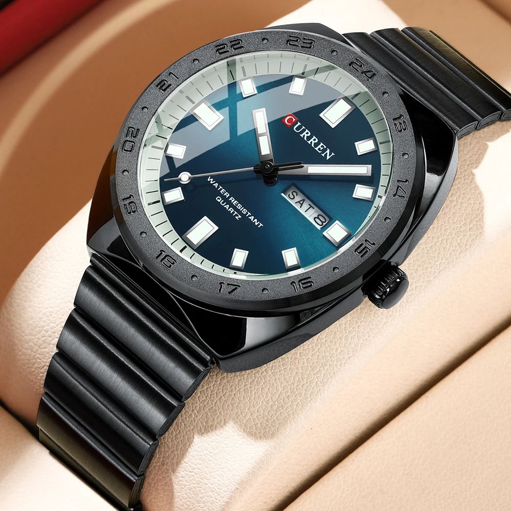 High Quality CURREN 8473 | Brand Luxury Business Fashion Elegant Stainless Steel Strap Complete Luminous Dual Calendar Multiple Time Zone Hollow Out Small Three Needle Clock