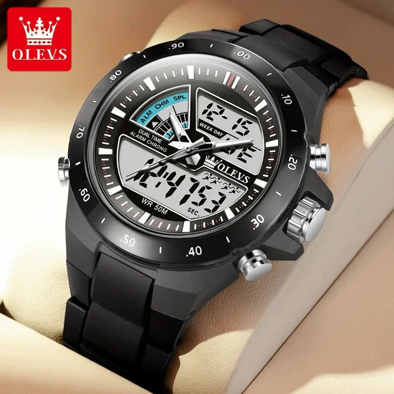 OLEVS 1110 Sports Electronic | Luminous Vibration Clock LED Display Stop Watch Complete Calendar Alarm Week Chronograph Digital Movement Harlex Dial Window