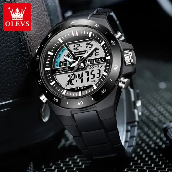 OLEVS 1110 Sports Electronic | Luminous Vibration Clock LED Display Stop Watch Complete Calendar Alarm Week Chronograph Digital Movement Harlex Dial Window