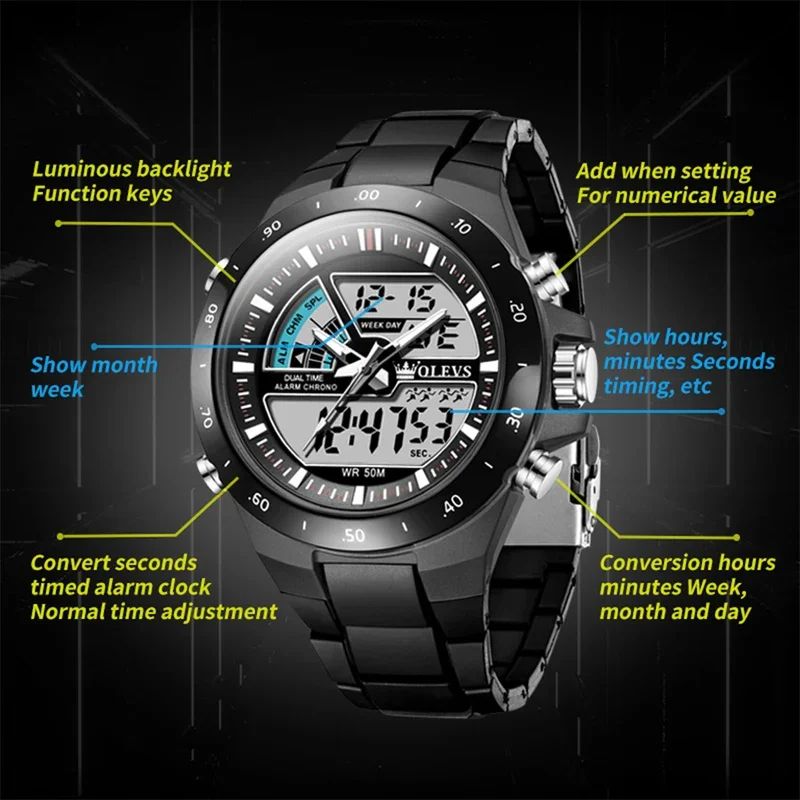 OLEVS 1110 Sports Electronic | Luminous Vibration Clock LED Display Stop Watch Complete Calendar Alarm Week Chronograph Digital Movement Harlex Dial Window