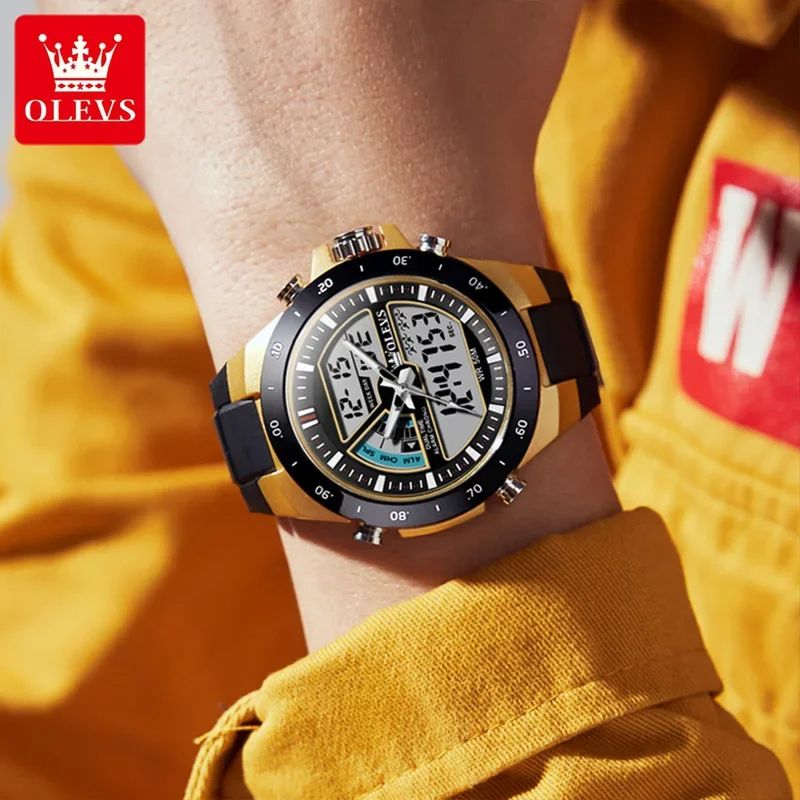 OLEVS 1110 Sports Electronic | Luminous Vibration Clock LED Display Stop Watch Complete Calendar Alarm Week Chronograph Digital Movement Harlex Dial Window
