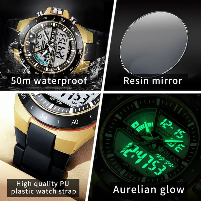 OLEVS 1110 Sports Electronic | Luminous Vibration Clock LED Display Stop Watch Complete Calendar Alarm Week Chronograph Digital Movement Harlex Dial Window