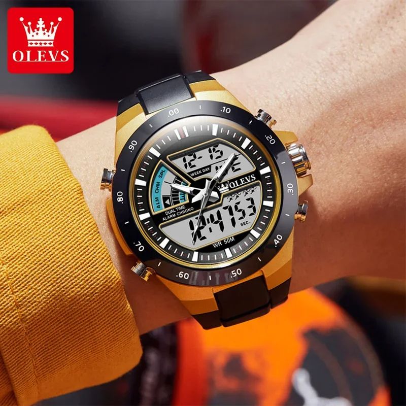 OLEVS 1110 Sports Electronic | Luminous Vibration Clock LED Display Stop Watch Complete Calendar Alarm Week Chronograph Digital Movement Harlex Dial Window