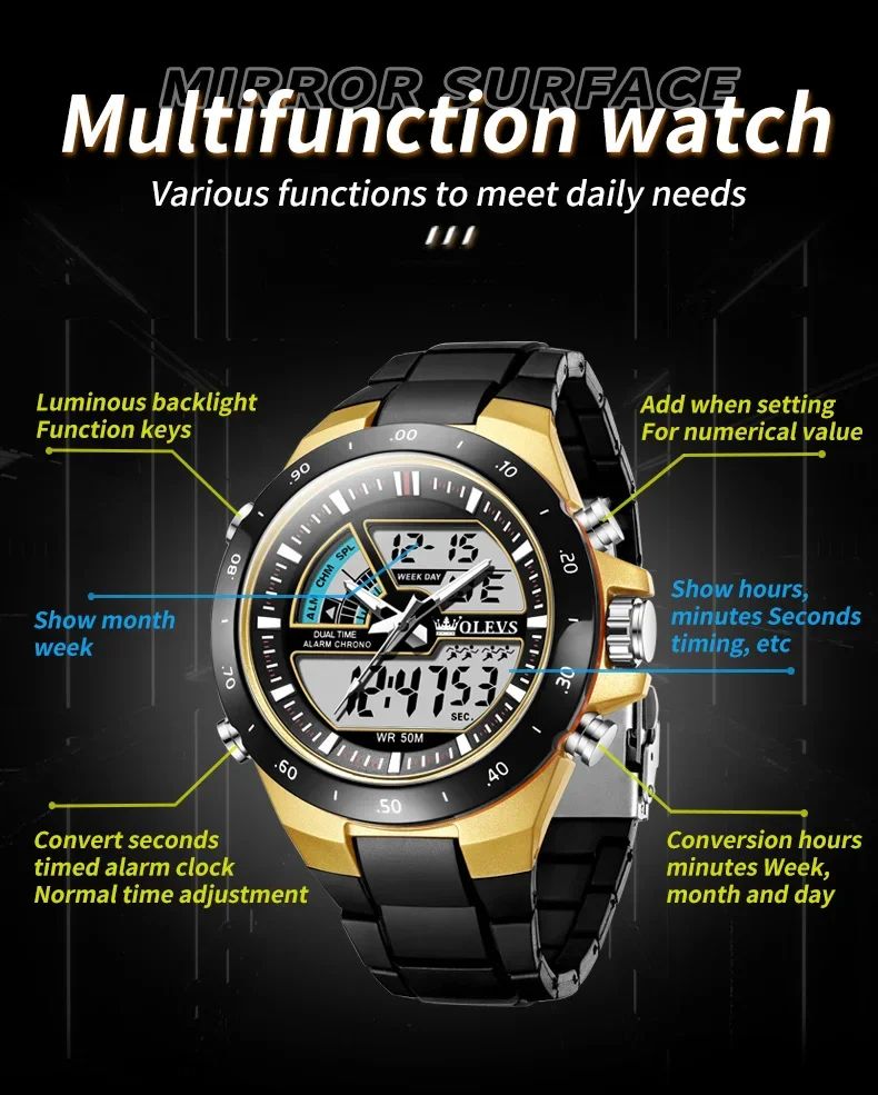 OLEVS 1110 Sports Electronic | Luminous Vibration Clock LED Display Stop Watch Complete Calendar Alarm Week Chronograph Digital Movement Harlex Dial Window