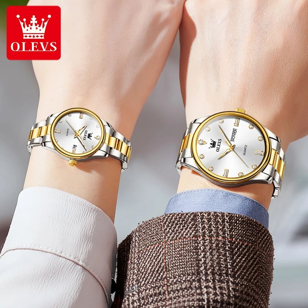 Top Romantic Couples Watch 2025 OLEVS-3621 | Wedding Type New Luxury Quartz Watches Waterproof for Men-Women Lovers in Elegant Black Complete Calendar Week Display Anti-magnetic