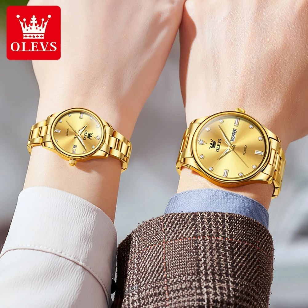 Top Romantic Couples Watch 2025 OLEVS-3621 | Wedding Type New Luxury Quartz Watches Waterproof for Men-Women Lovers in Elegant Black Complete Calendar Week Display Anti-magnetic