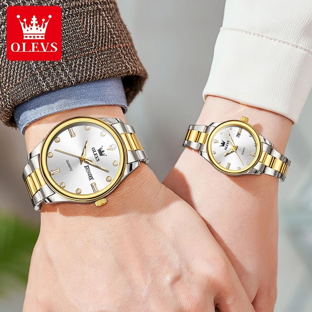 Top Romantic Couples Watch 2025 OLEVS-3621 | Wedding Type New Luxury Quartz Watches Waterproof for Men-Women Lovers in Elegant Black Complete Calendar Week Display Anti-magnetic