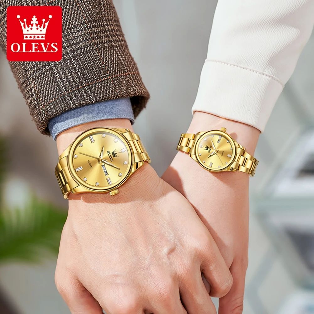 Top Romantic Couples Watch 2025 OLEVS-3621 | Wedding Type New Luxury Quartz Watches Waterproof for Men-Women Lovers in Elegant Black Complete Calendar Week Display Anti-magnetic