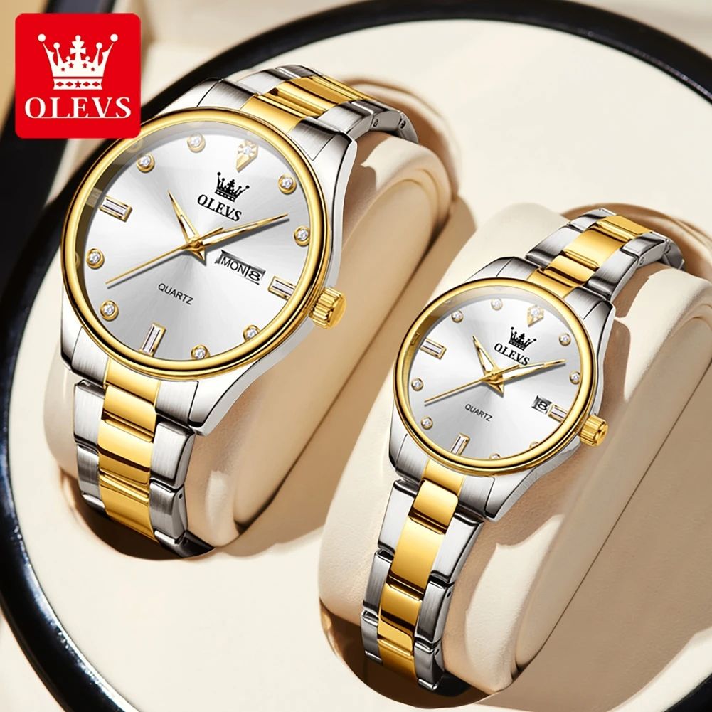 Top Romantic Couples Watch 2025 OLEVS-3621 | Wedding Type New Luxury Quartz Watches Waterproof for Men-Women Lovers in Elegant Black Complete Calendar Week Display Anti-magnetic