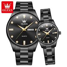Top Romantic Couples Watch 2025 OLEVS-3621 | Wedding Type New Luxury Quartz Watches Waterproof for Men-Women Lovers in Elegant Black Complete Calendar Week Display Anti-magnetic