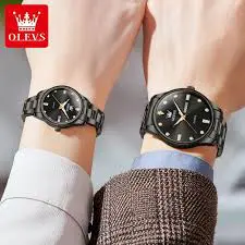 Top Romantic Couples Watch 2025 OLEVS-3621 | Wedding Type New Luxury Quartz Watches Waterproof for Men-Women Lovers in Elegant Black Complete Calendar Week Display Anti-magnetic