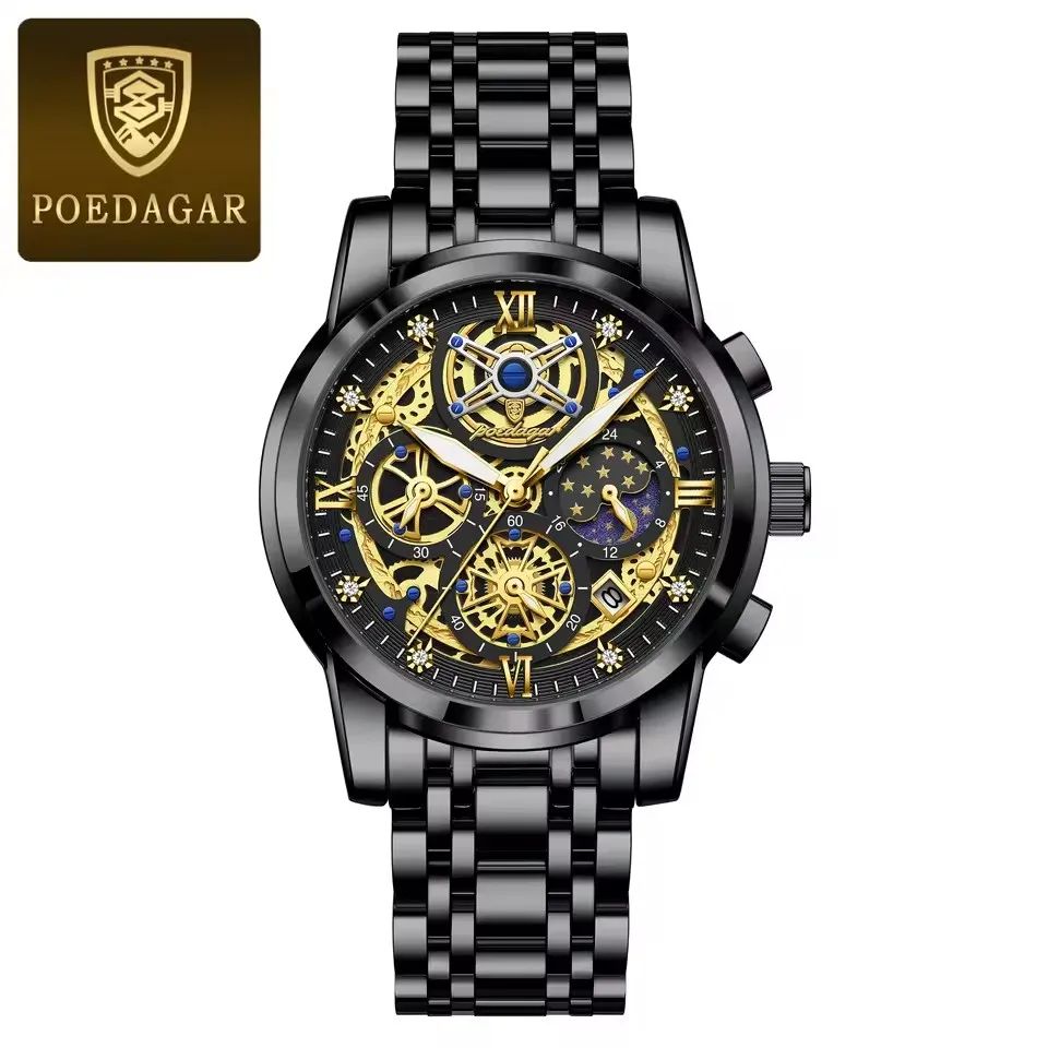 Calendar POEDAGAR-984 Clock Watch | New Arrivals High Quality Business Stainless Steel Strap Luminous Chronograph Luminous Hands with Push Button Hidden Clasp DIVER