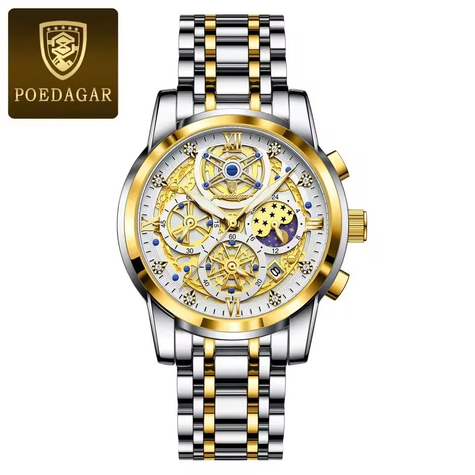 Calendar POEDAGAR-984 Clock Watch | New Arrivals High Quality Business Stainless Steel Strap Luminous Chronograph Luminous Hands with Push Button Hidden Clasp DIVER