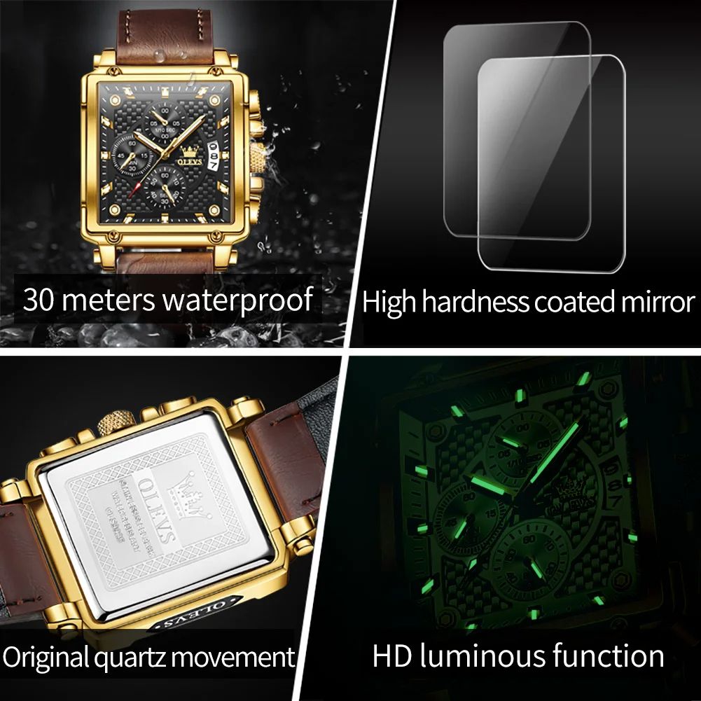 SQUARE OLEVS-9925 CLOCK | High Quality Multi-functional Chronograph Men's Watch with Genuine Leather Strap Stop Watch Complete Calendar Business Style Numberless Display