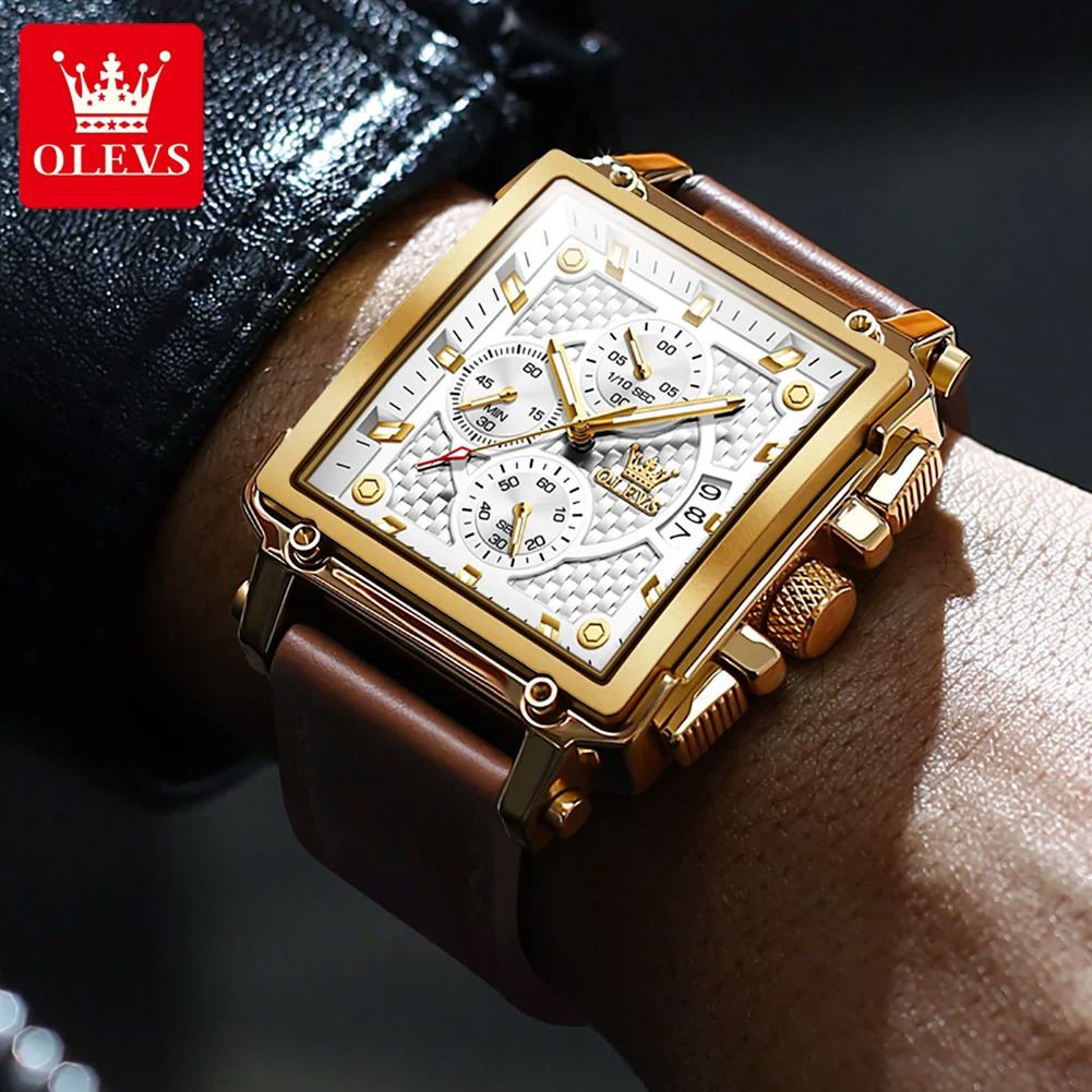 SQUARE OLEVS-9925 CLOCK | High Quality Multi-functional Chronograph Men's Watch with Genuine Leather Strap Stop Watch Complete Calendar Business Style Numberless Display