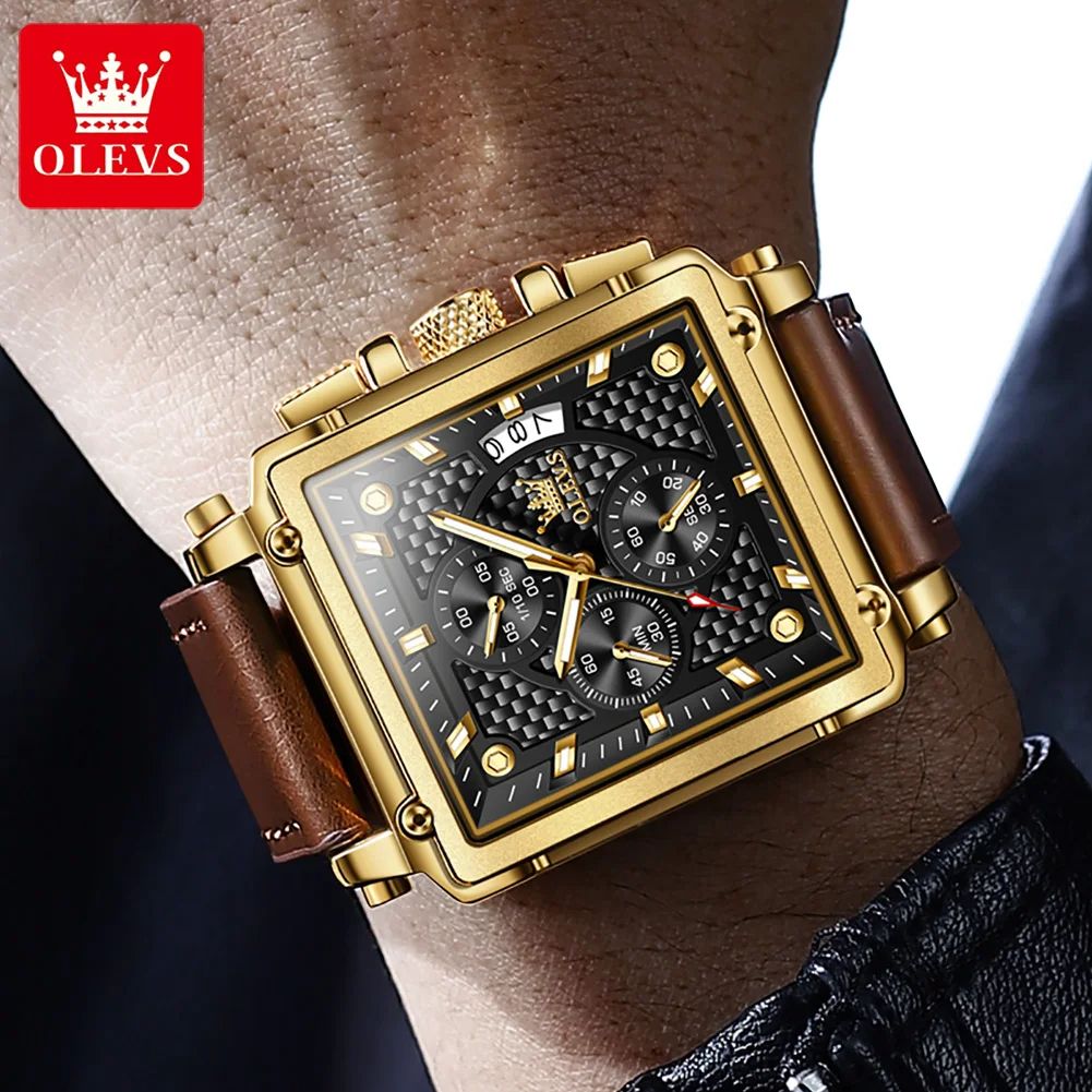 SQUARE OLEVS-9925 CLOCK | High Quality Multi-functional Chronograph Men's Watch with Genuine Leather Strap Stop Watch Complete Calendar Business Style Numberless Display
