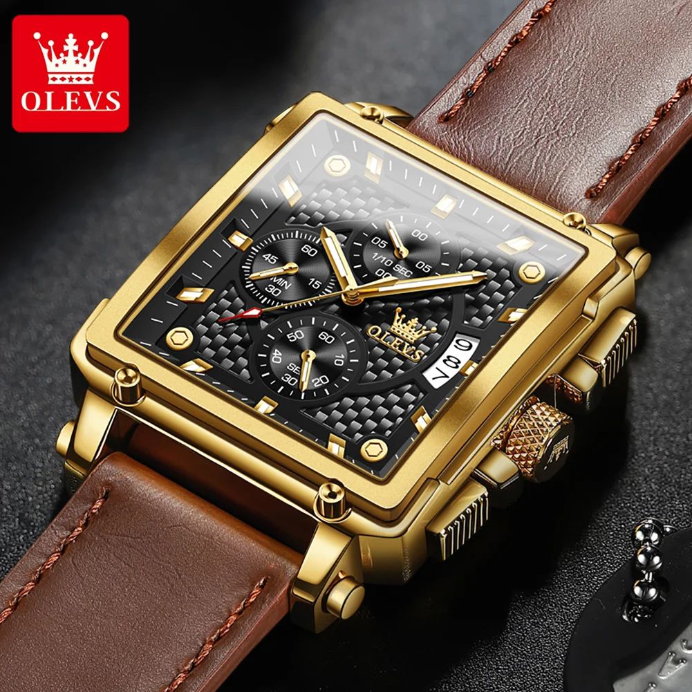 SQUARE OLEVS-9925 CLOCK | High Quality Multi-functional Chronograph Men's Watch with Genuine Leather Strap Stop Watch Complete Calendar Business Style Numberless Display