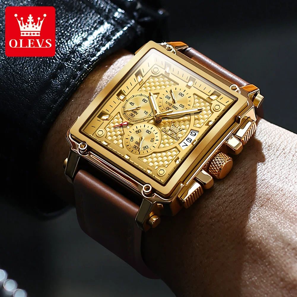 SQUARE OLEVS-9925 CLOCK | High Quality Multi-functional Chronograph Men's Watch with Genuine Leather Strap Stop Watch Complete Calendar Business Style Numberless Display