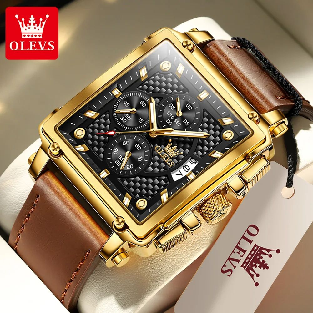 SQUARE OLEVS-9925 CLOCK | High Quality Multi-functional Chronograph Men's Watch with Genuine Leather Strap Stop Watch Complete Calendar Business Style Numberless Display