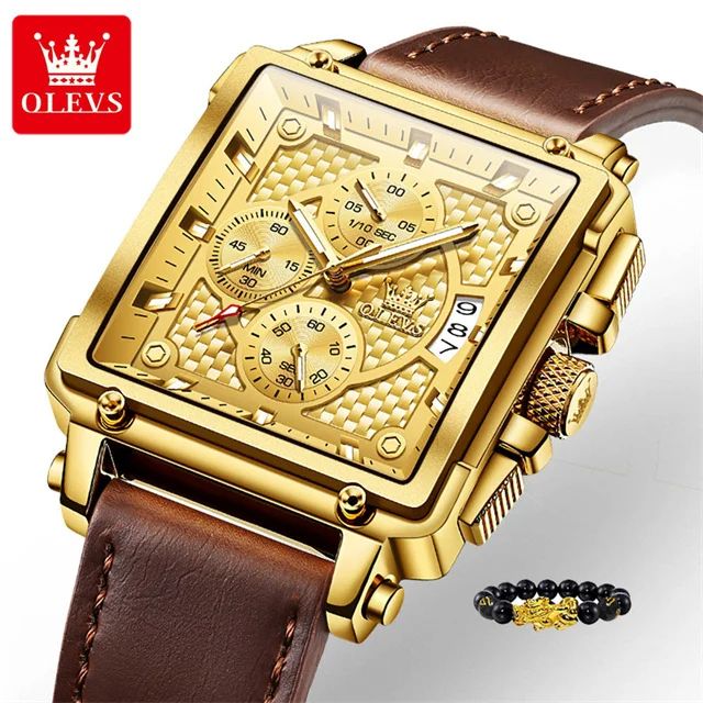 SQUARE OLEVS-9925 CLOCK | High Quality Multi-functional Chronograph Men's Watch with Genuine Leather Strap Stop Watch Complete Calendar Business Style Numberless Display