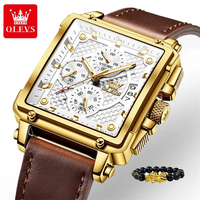 SQUARE OLEVS-9925 CLOCK | High Quality Multi-functional Chronograph Men's Watch with Genuine Leather Strap Stop Watch Complete Calendar Business Style Numberless Display