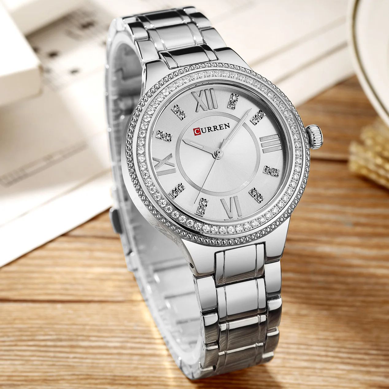 CURREN-9004 New Model | Women Original Luxury Crystal Elegant Bracelet Stainless Steel Watch + Unique Luminous Day/Date Chronograph Fashion Luxury Business