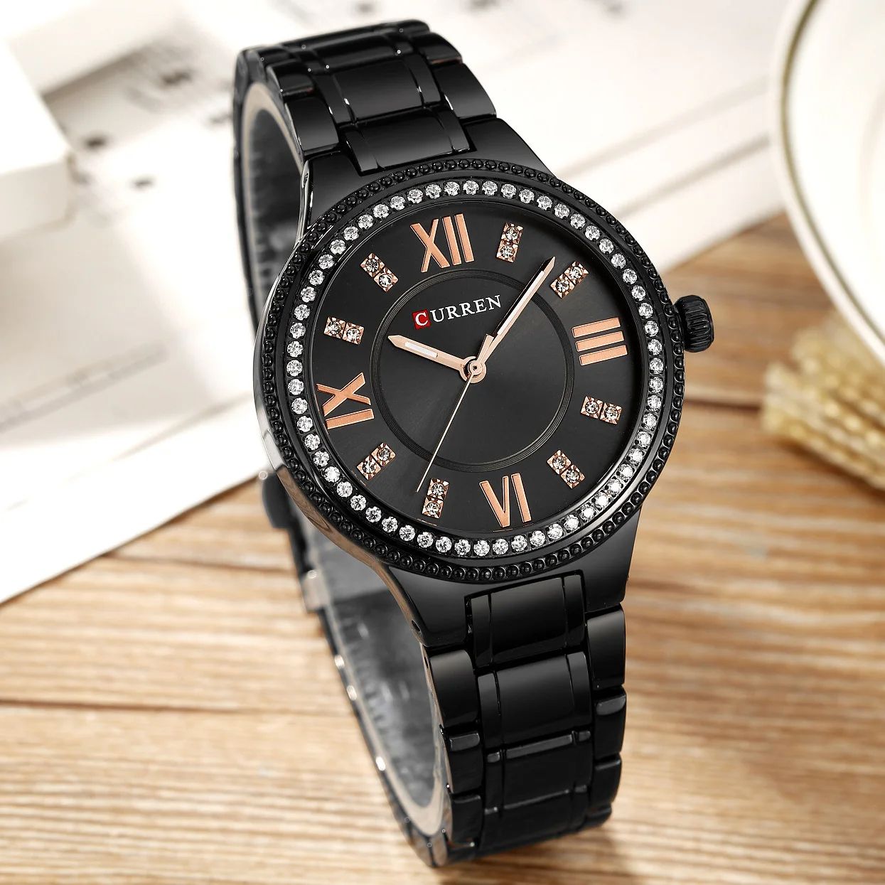 CURREN-9004 New Model | Women Original Luxury Crystal Elegant Bracelet Stainless Steel Watch + Unique Luminous Day/Date Chronograph Fashion Luxury Business